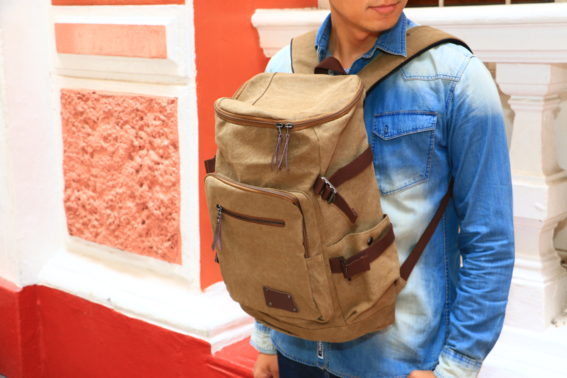 กระเป๋าเป้สะพายหลัง Outdoor Vintage Style อเนกประสงค์ สีน้ำตาลเข้ม B092
