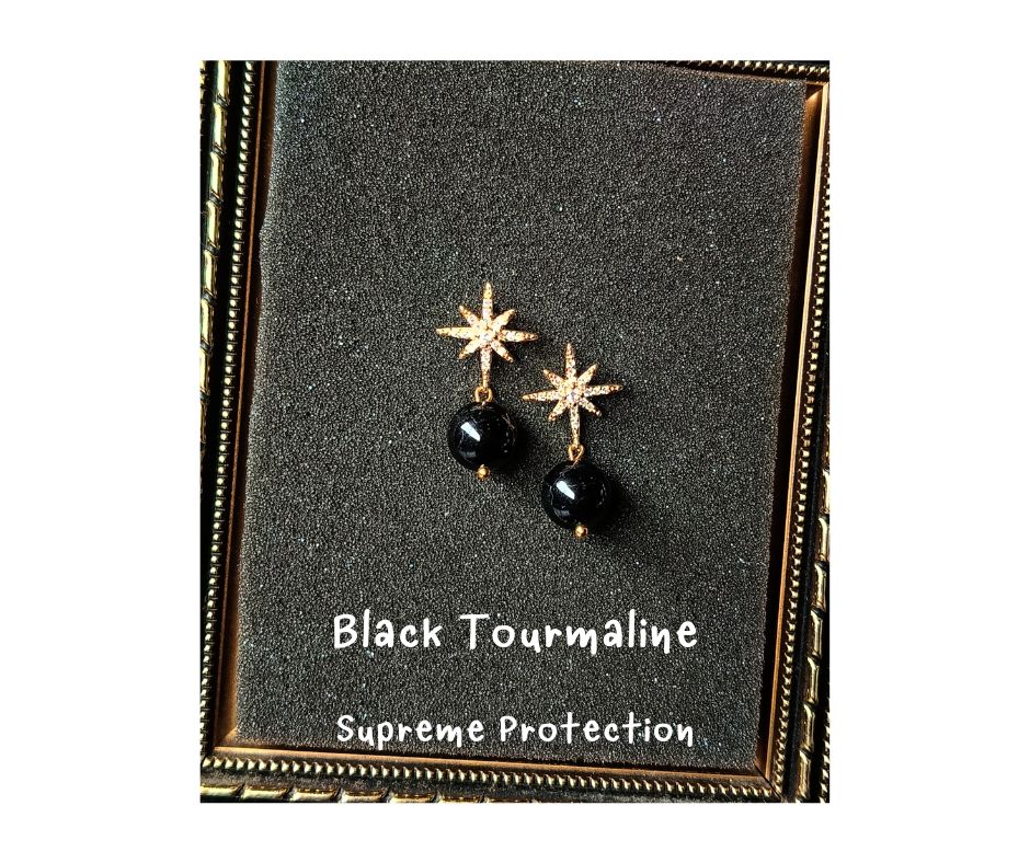 ต่างหู "14K" ประดับหินแท้ Black Tourmaline Earring (ปกป้อง คุ้มครอง ป้องกันความไม่เป็นมงคล)