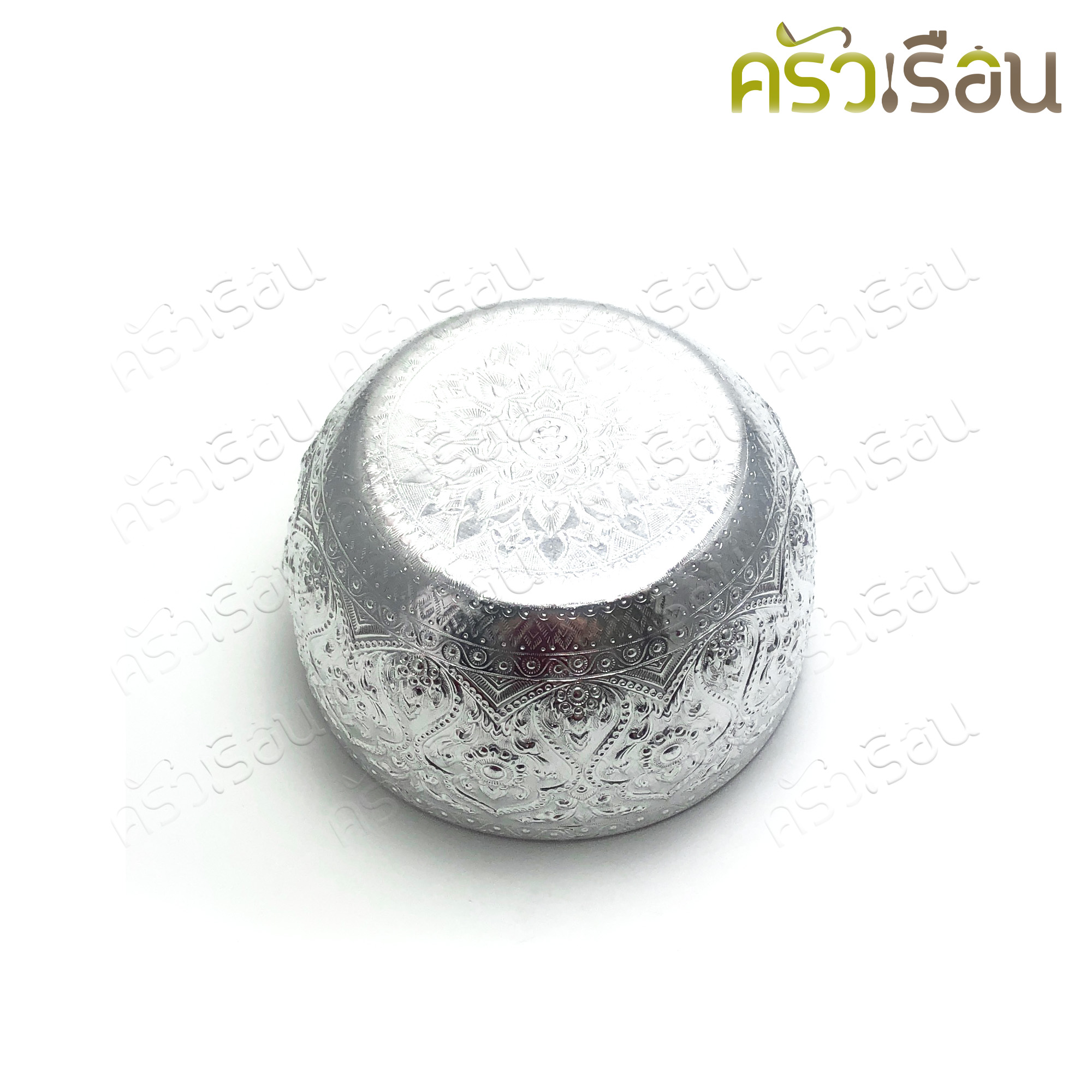 Aluminium Thai style water bowl with standing tray and Thai style Ladle, silver, top dimension 20 cm. ได้ทัพพีด้วย
