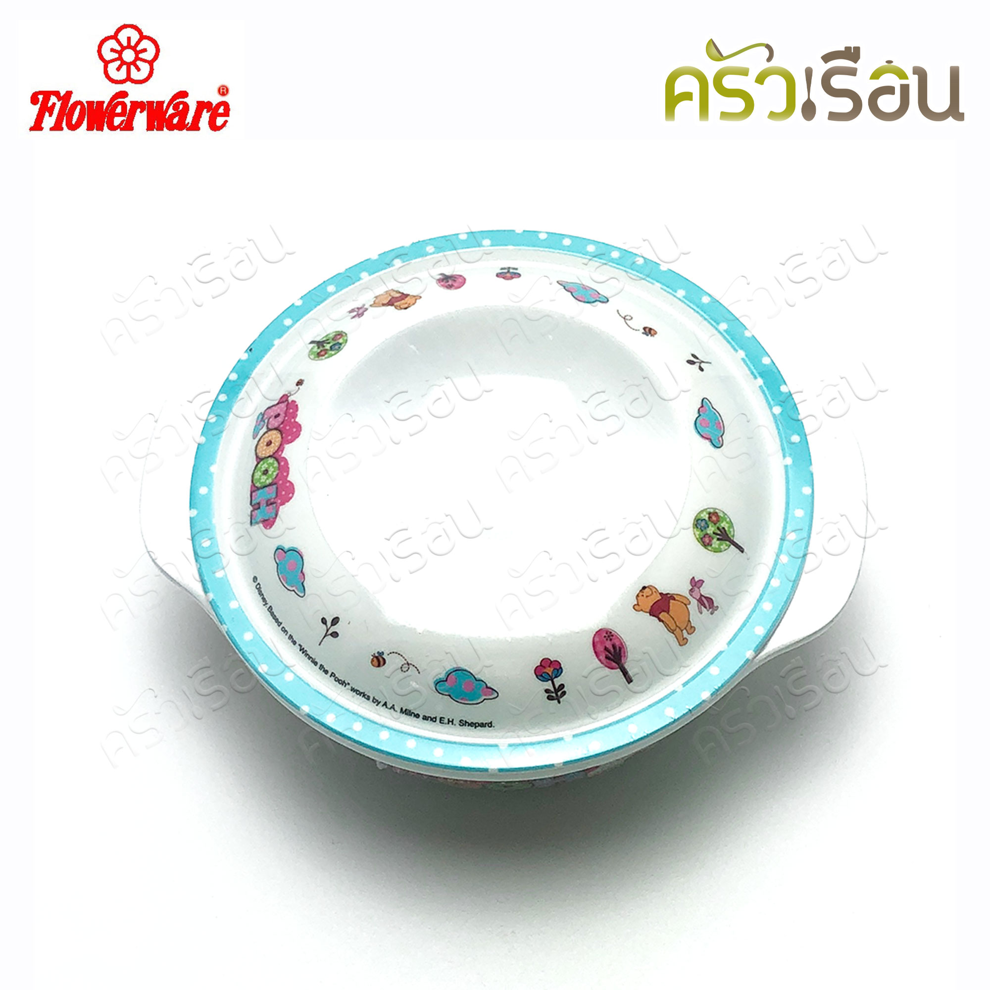 Flowerware ลาย Pooh Blue Spot white หมีพูห์ พูห์ บลู สปอต ไวท์ [ ราคาต่อชิ้น ] ชาม หรือ แก้วน้ำ หรือ ถาดหลุม เมลามีน
