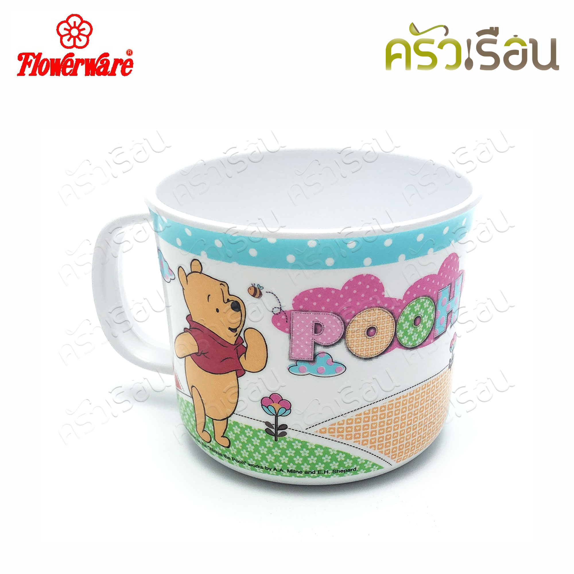 Flowerware ลาย Pooh Blue Spot white หมีพูห์ พูห์ บลู สปอต ไวท์ [ ราคาต่อชิ้น ] ชาม หรือ แก้วน้ำ หรือ ถาดหลุม เมลามีน