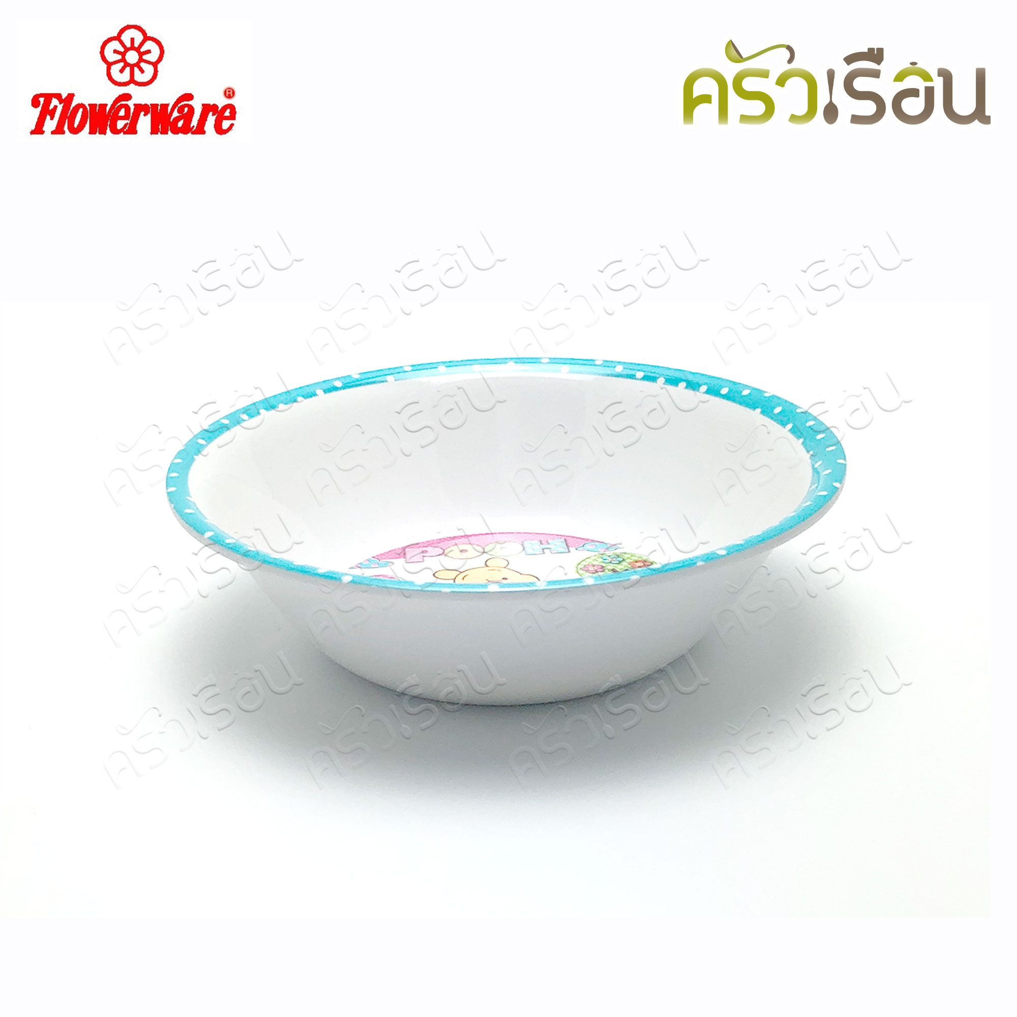 Flowerware ลาย Pooh Blue Spot white หมีพูห์ พูห์ บลู สปอต ไวท์ [ ราคาต่อชิ้น ] ชาม หรือ แก้วน้ำ หรือ ถาดหลุม เมลามีน