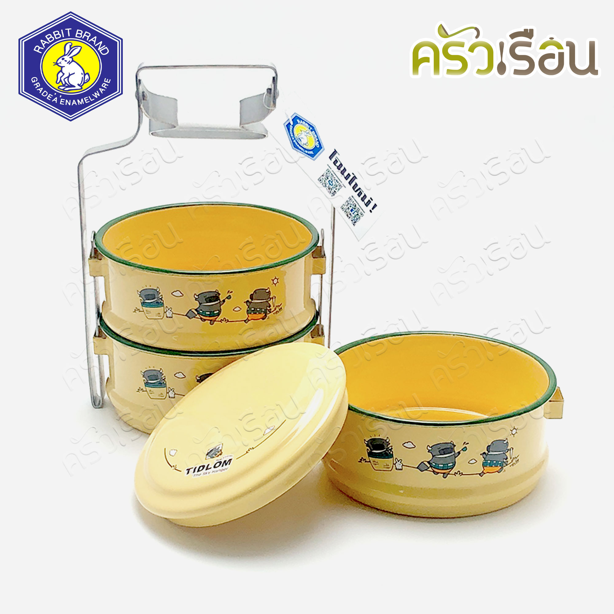 Rabbit Brand ปิ่นโตเคลือบ 14 ซม. 3 ชั้น ลายการ์ตูน ติดลมห้อยเวหา Tidlom The Sky Hanger ปิ่นโตโบราณ ปิ่นโต enamel ตรากระต่าย