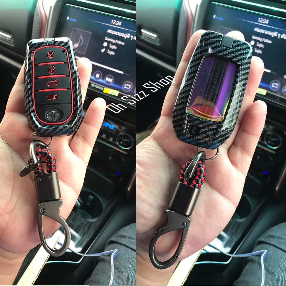 เคสโลหะรีโมทรถ Toyota Fortuner GR Sport, Legender , Alphard แบบ 2 ชั้น รุ่นถอดกุญแจในรีโมทได้ (Kevlar Alloy & Red Silicone Sleeve) Toyota Key Sets Model Alphard ,Fortuner