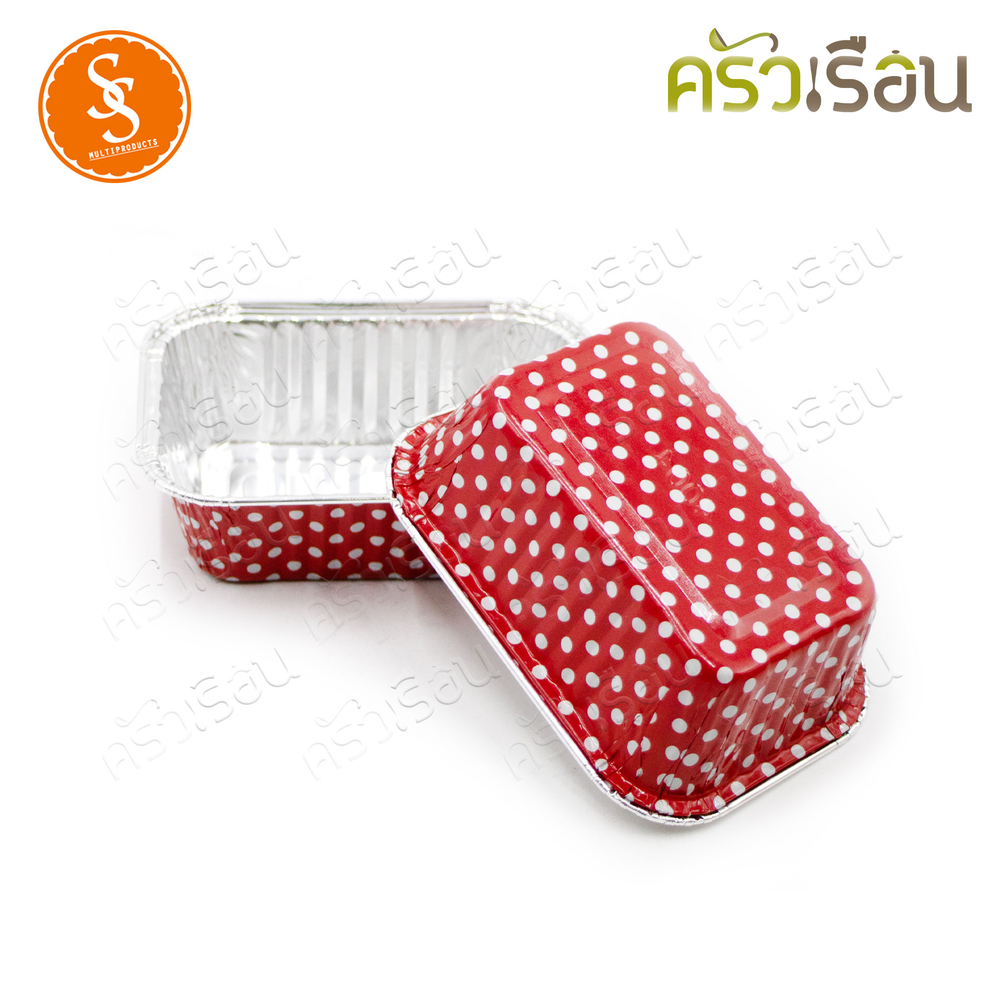 SS 4004 Square foil tray, rectangular, red with white dots + 10 lids, capacity 140 ml., size 75 x 105 x 32 mm., foil tray