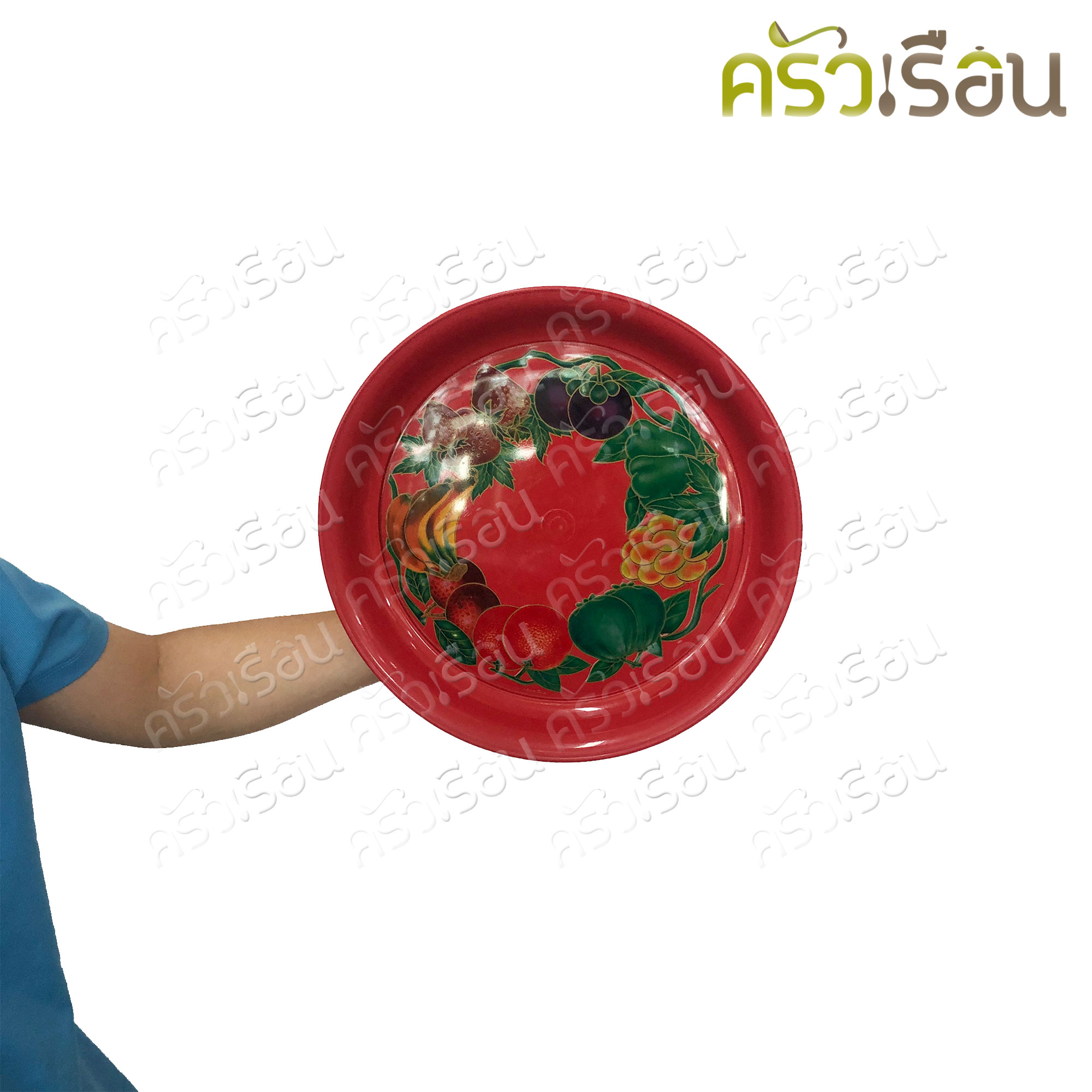 ตรารถไฟ ถาดกลม พลาสติก สีแดง ลายผลไม้ มี 2 ขนาด ให้เลือก ราคาต่อใบ