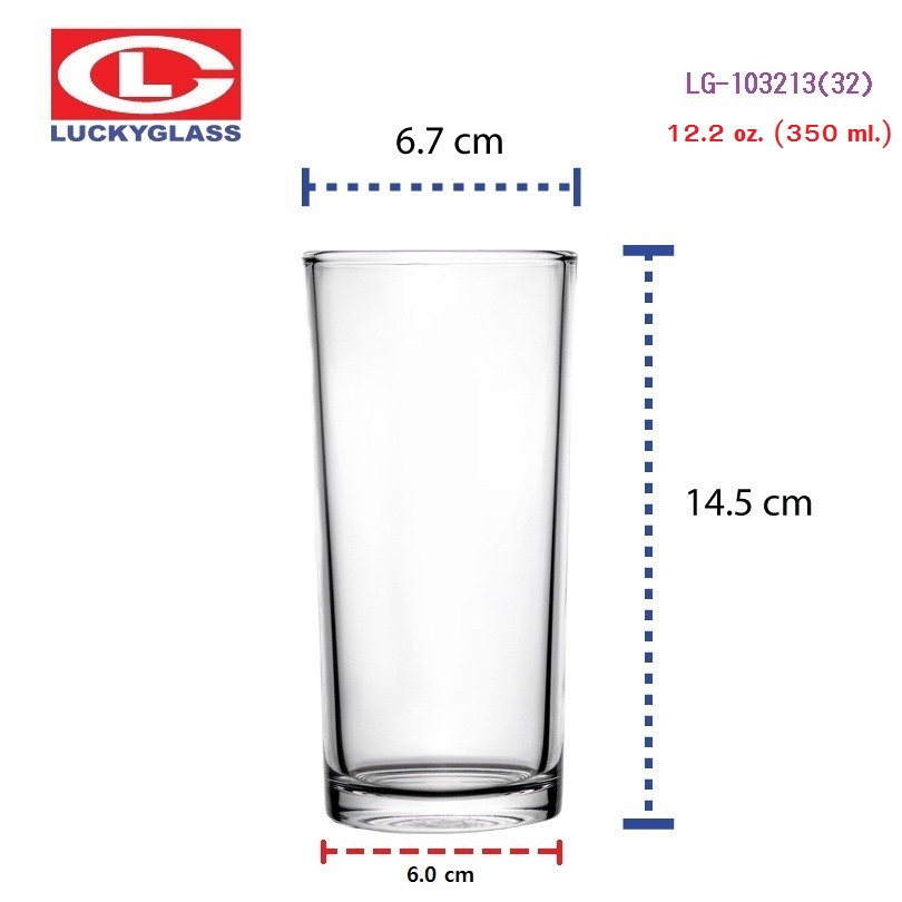 LUCKY GLASS [ยกโหล=12ใบ] แก้วน้ำ 12.2 ออนซ์ / 350 ml. LG-103213 (32) Catering Tumbler TD 6.7 x BD 6.0 x H 14.5 cm.