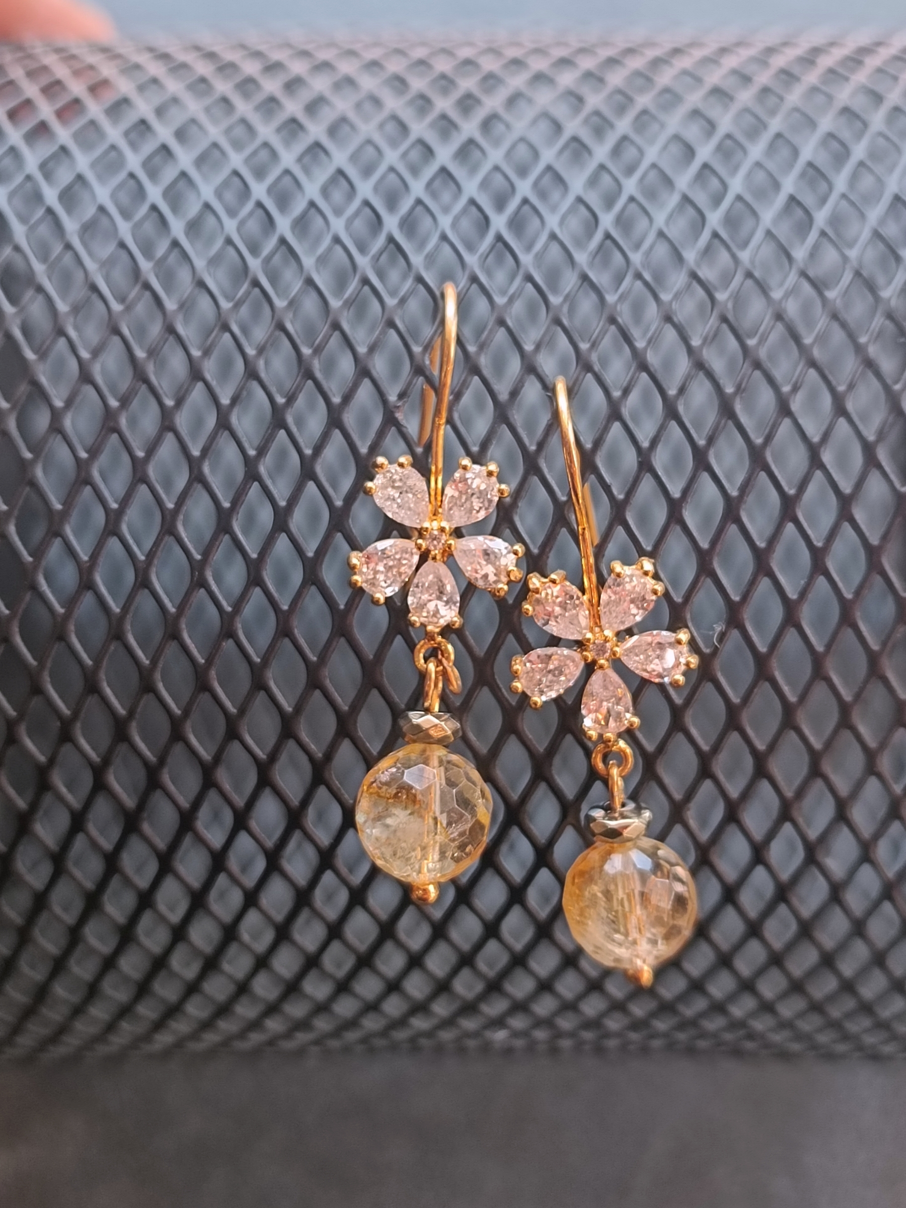 ต่างหูหินแท้ "14K" Citrine + Pyrite Earring (ดึงดูดเงิน โชคลาภ)