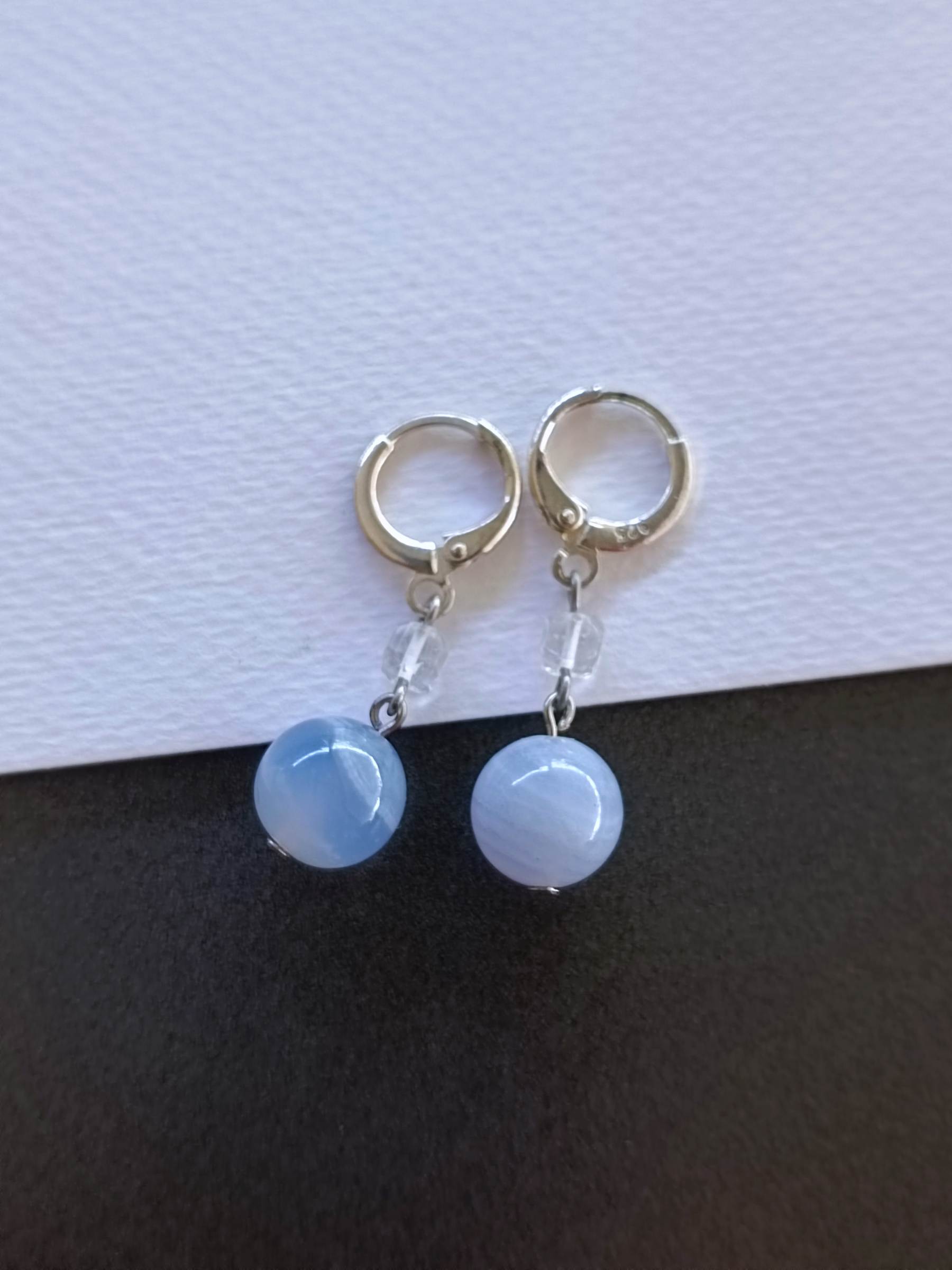 "Silver Hoop" ต่างหูเงินแท้92.5 ประดับ Blue Lace Agate Earring (เสริมพลังการพูด การสื่อสาร)
