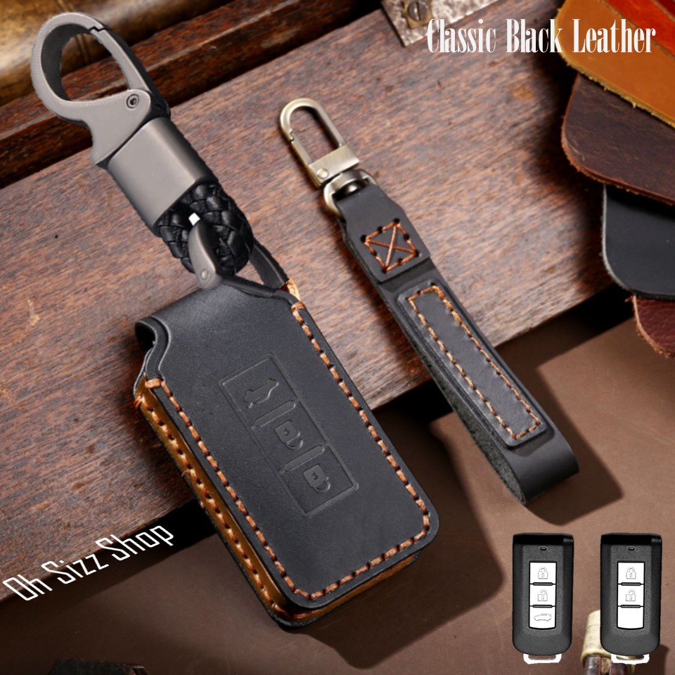 เคสรีโมทรถ Mitsubishi Pajero 2022 งานหนังม้า พรีเมียมเกรด Premium Grade Hallmo HANDMADE ทรงคลาสสิค (Horse Leather Key Case Key Sets ; Model Mitsubishi Pajero (Sport), Xpander, Mirage, Attrage, Triton Smart Key แบบ 2 และ 3 ปุ่ม