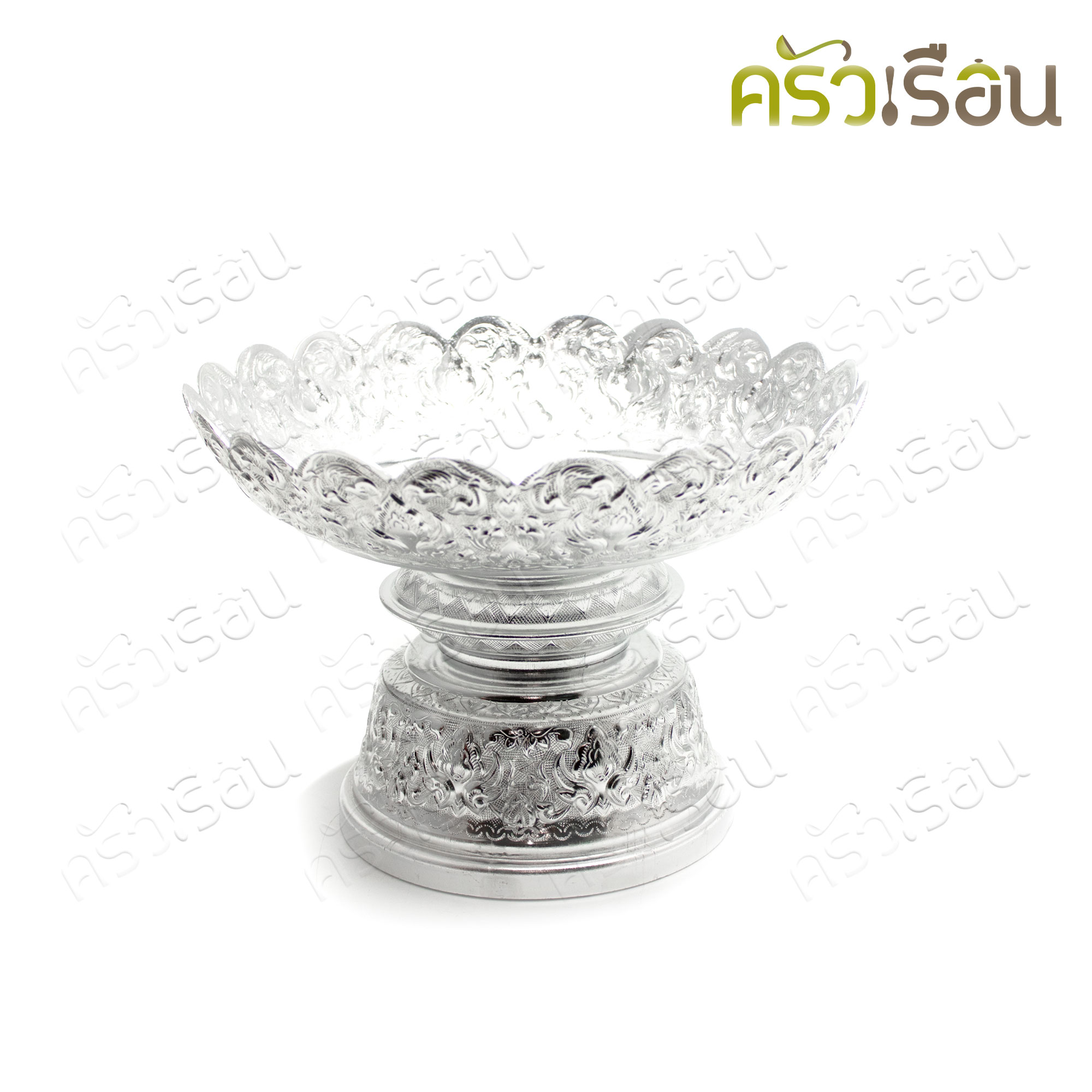 Aluminium Thai style water bowl with standing tray and Thai style Ladle, silver, top dimension 20 cm. ได้ทัพพีด้วย