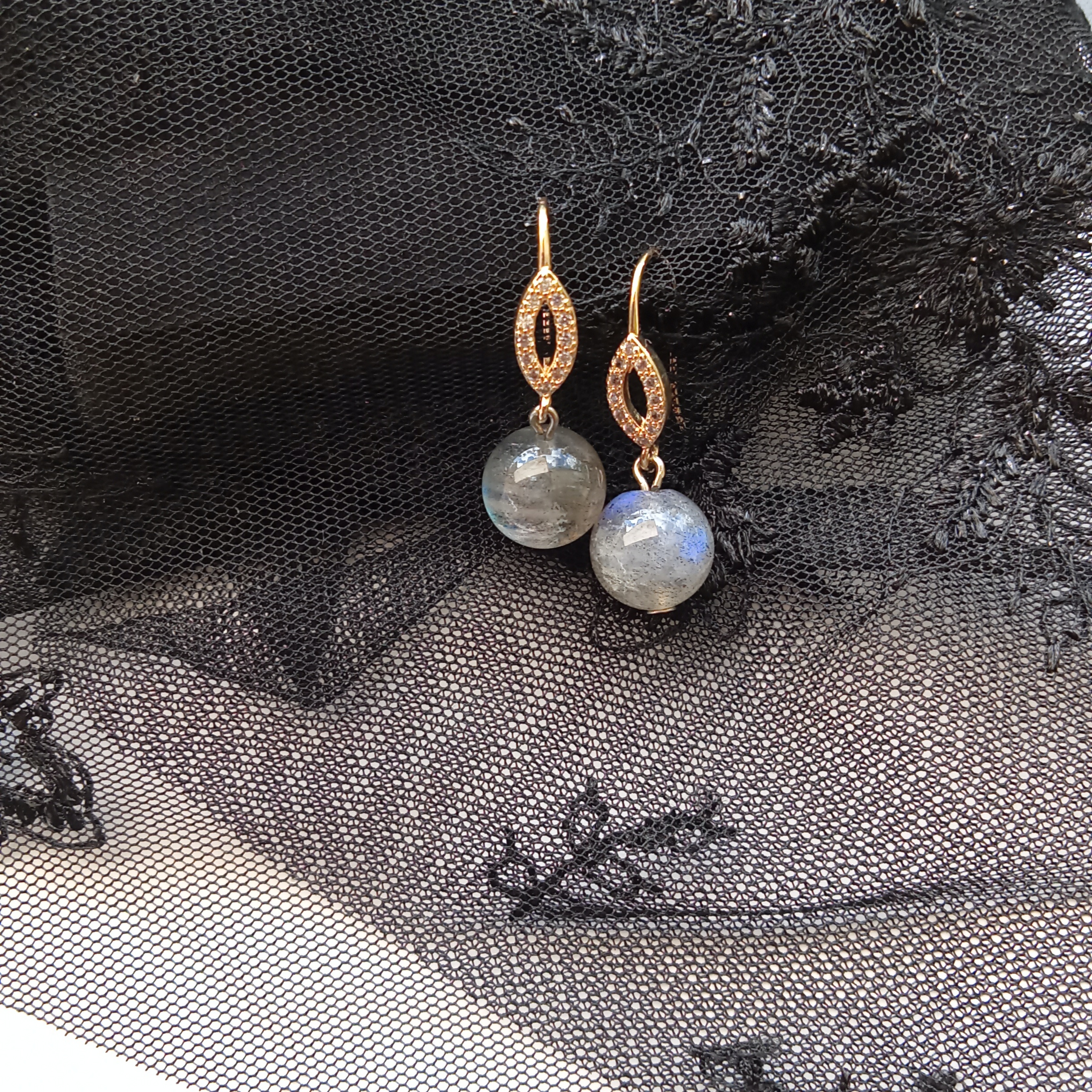 ต่างหู "14K" หินแท้ลาบาโดไลท์ Labradorite Earrings (หินแห่งการเปลี่ยนแปลง)