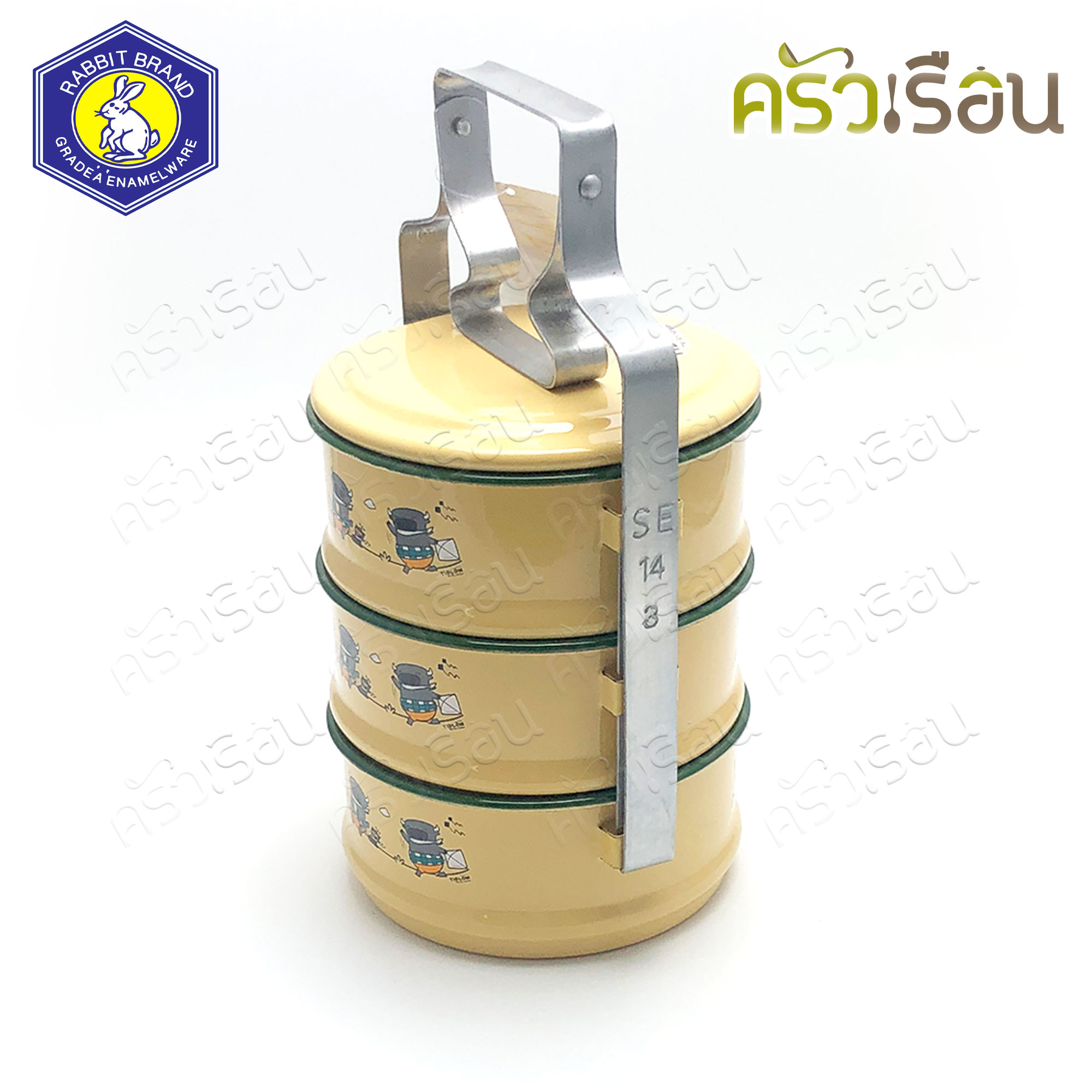 Rabbit Brand ปิ่นโตเคลือบ 14 ซม. 3 ชั้น ลายการ์ตูน ติดลมห้อยเวหา Tidlom The Sky Hanger ปิ่นโตโบราณ ปิ่นโต enamel ตรากระต่าย