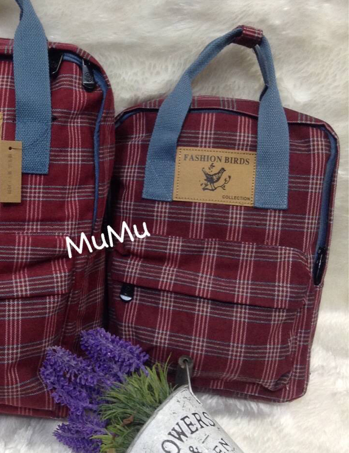กระเป๋าเป้ผ้าสะพายหลัง mumu ผ้าเคลือบกันน้ำ ลายสก๊อตแดงเข้มขาว(Size S)