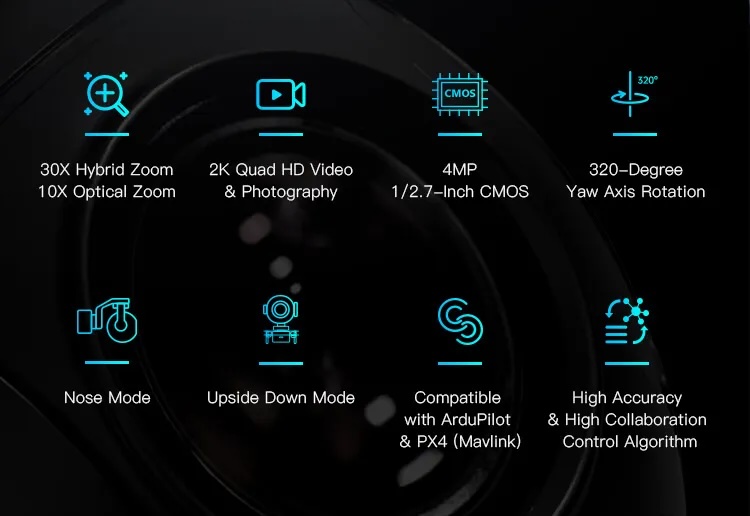 SIYI ZR10 2K 4MP QHD 30X Hybrid 10X Optical Zoom Gimbal Camera 1/2.7" CMOS HDR Starlight Night Vision 3-Axis Stabilizer