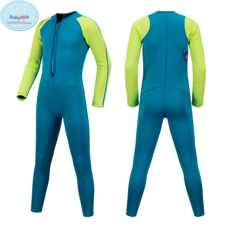 ชุดว่ายน้ำเด็กควบคุมอุณหภูมิแขนยาว ขายาว ป้องกันความหนาว /ป้องกัน UV ผลิตจากผ้า Neoprene หนา 2 mm. มี 2 สี---> สีฟ้า/สีชมพู