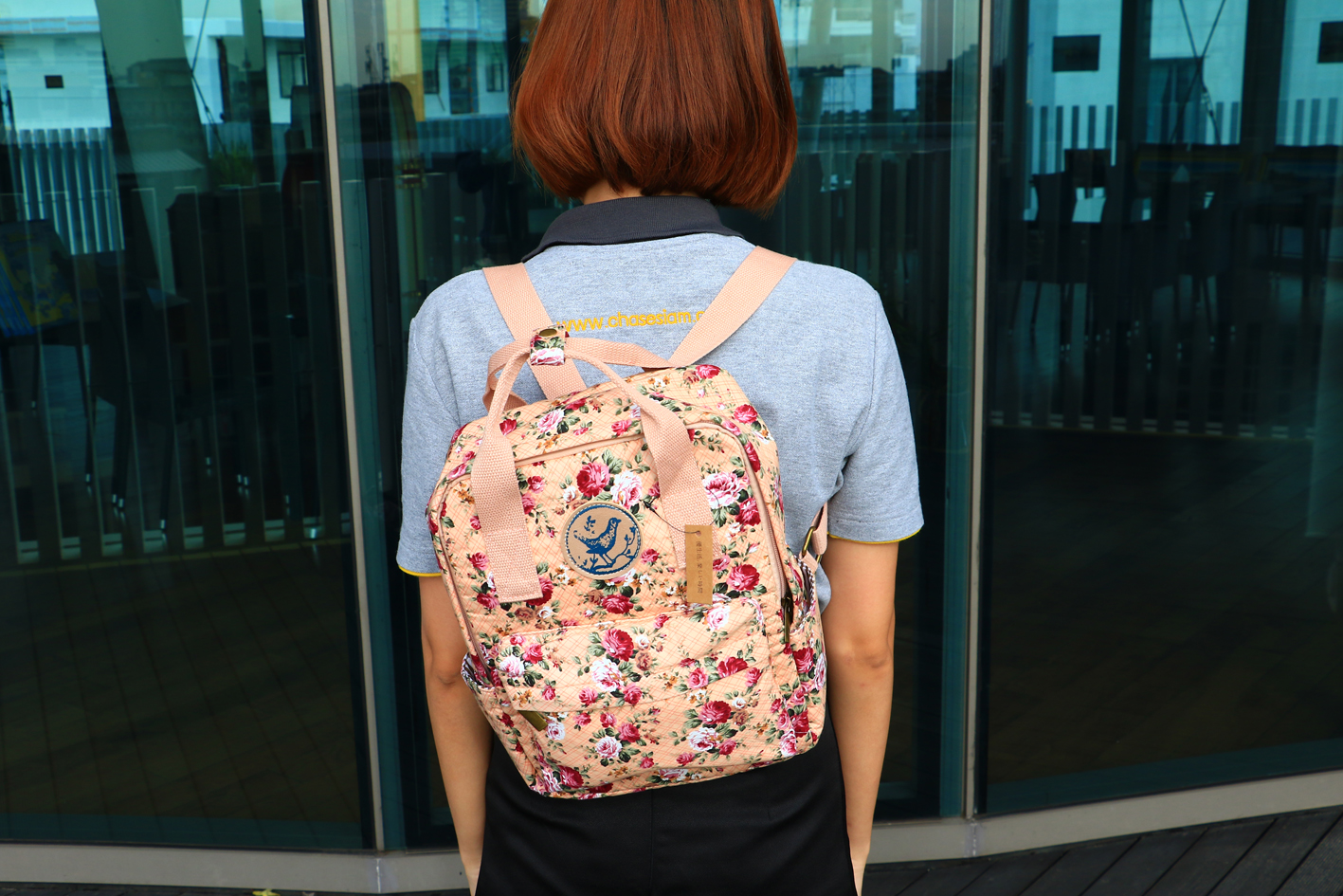 กระเป๋าเป้ผ้าสะพายหลัง mumu ขนาดเล็ก ลายดอกไม้ สีส้ม แดง (Size S)
