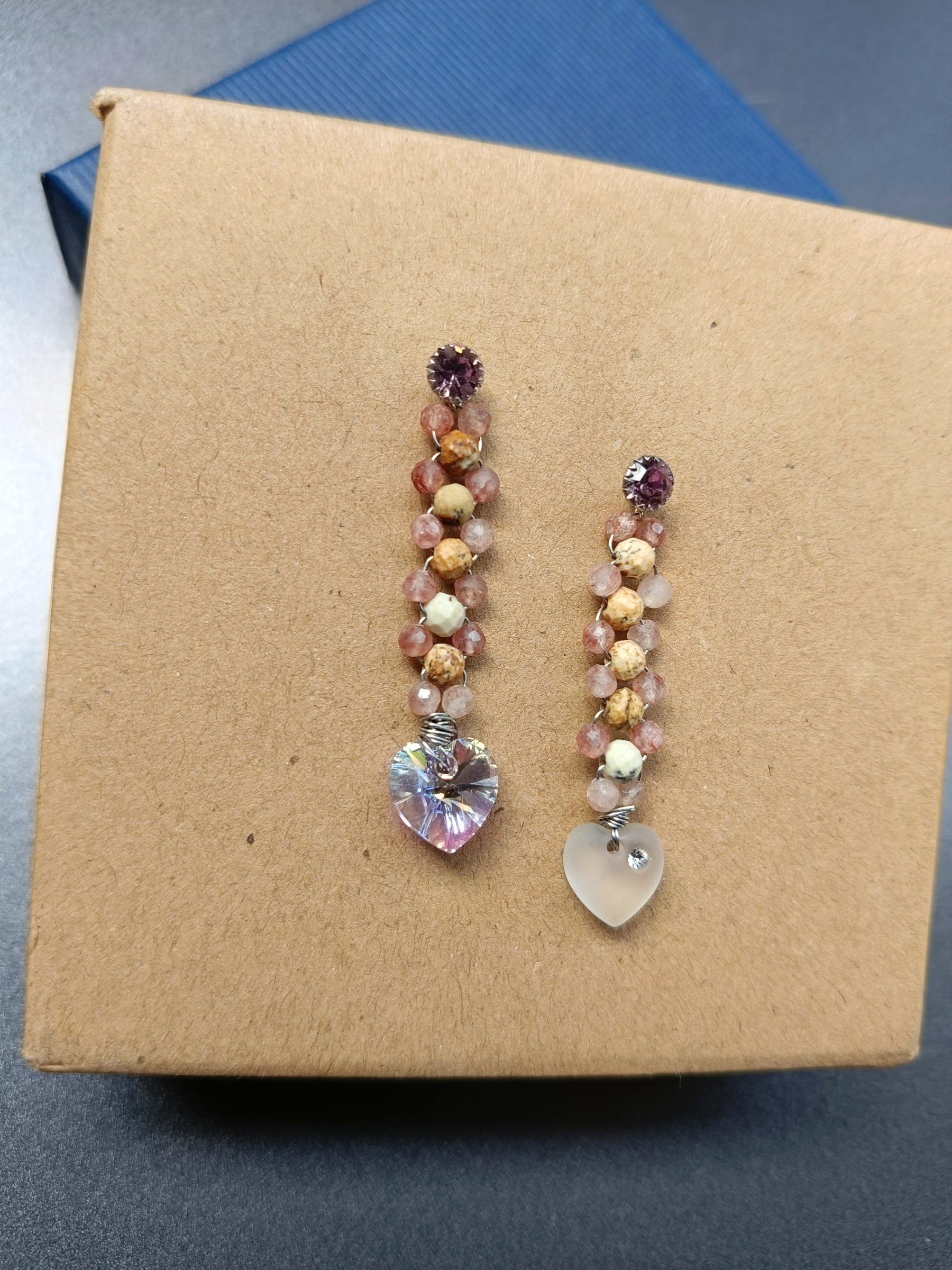 "Love Vibes" ต่างหูเงินแท้ 92.5 ประดับหินแท้ Natural Stone S925 Earring (Picture Jasper , Strawberry Quartz)