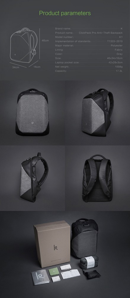 กระเป๋าสะพายหลัง ClickPack Pro กระเป๋ากันขโมยกันกรีด สีดำเทา