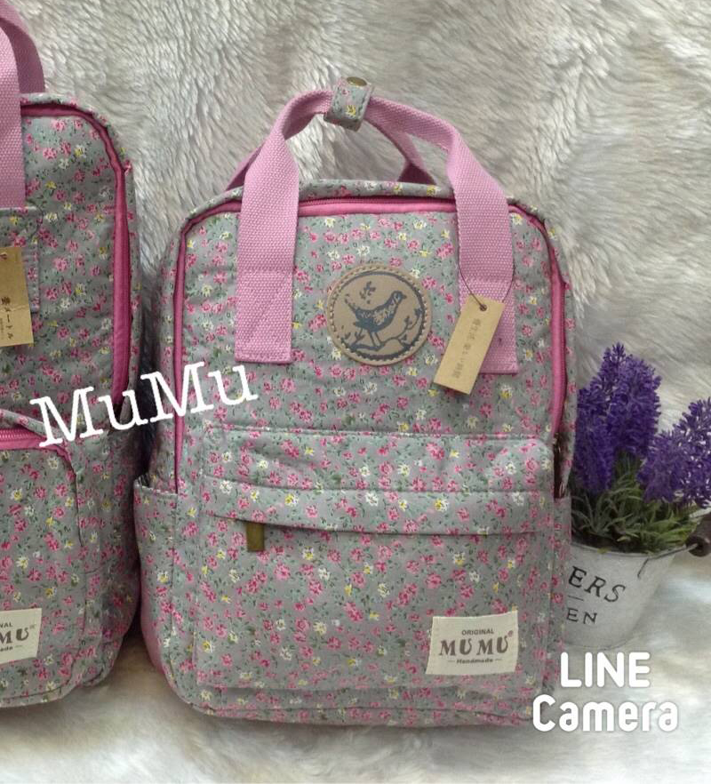 กระเป๋าเป้ผ้าสะพายหลัง mumu ขนาดเล็ก ลายดอกไม้ชมพู ขาว (Size S)