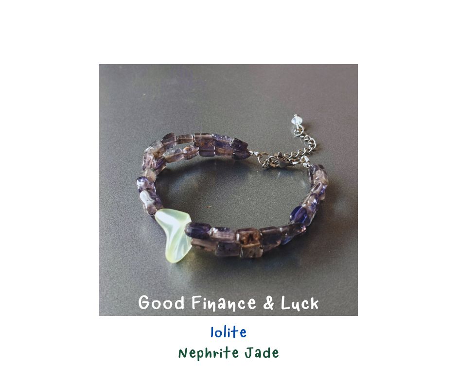 สร้อยข้อมือหินแท้ "Twisted" Nephrite Jade + Iolite Bracelet ( โชคลาภ ความสำเร็จทางการเงิน)