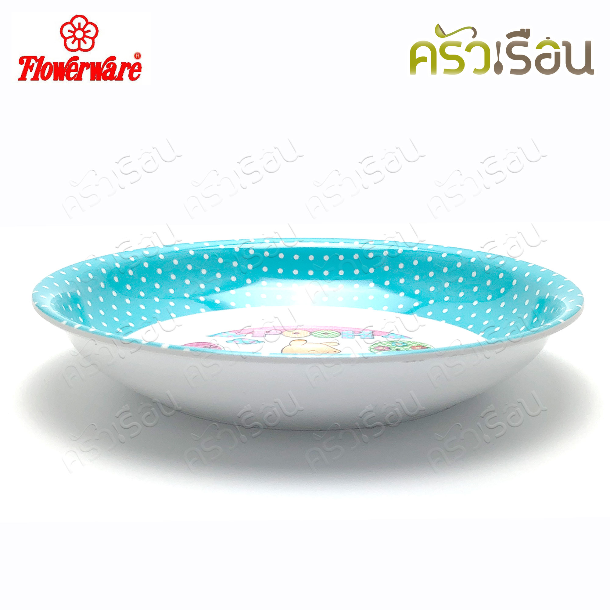 Flowerware ลาย Pooh Blue Spot white หมีพูห์ พูห์ บลู สปอต ไวท์ [ ราคาต่อชิ้น ] ชาม หรือ แก้วน้ำ หรือ ถาดหลุม เมลามีน