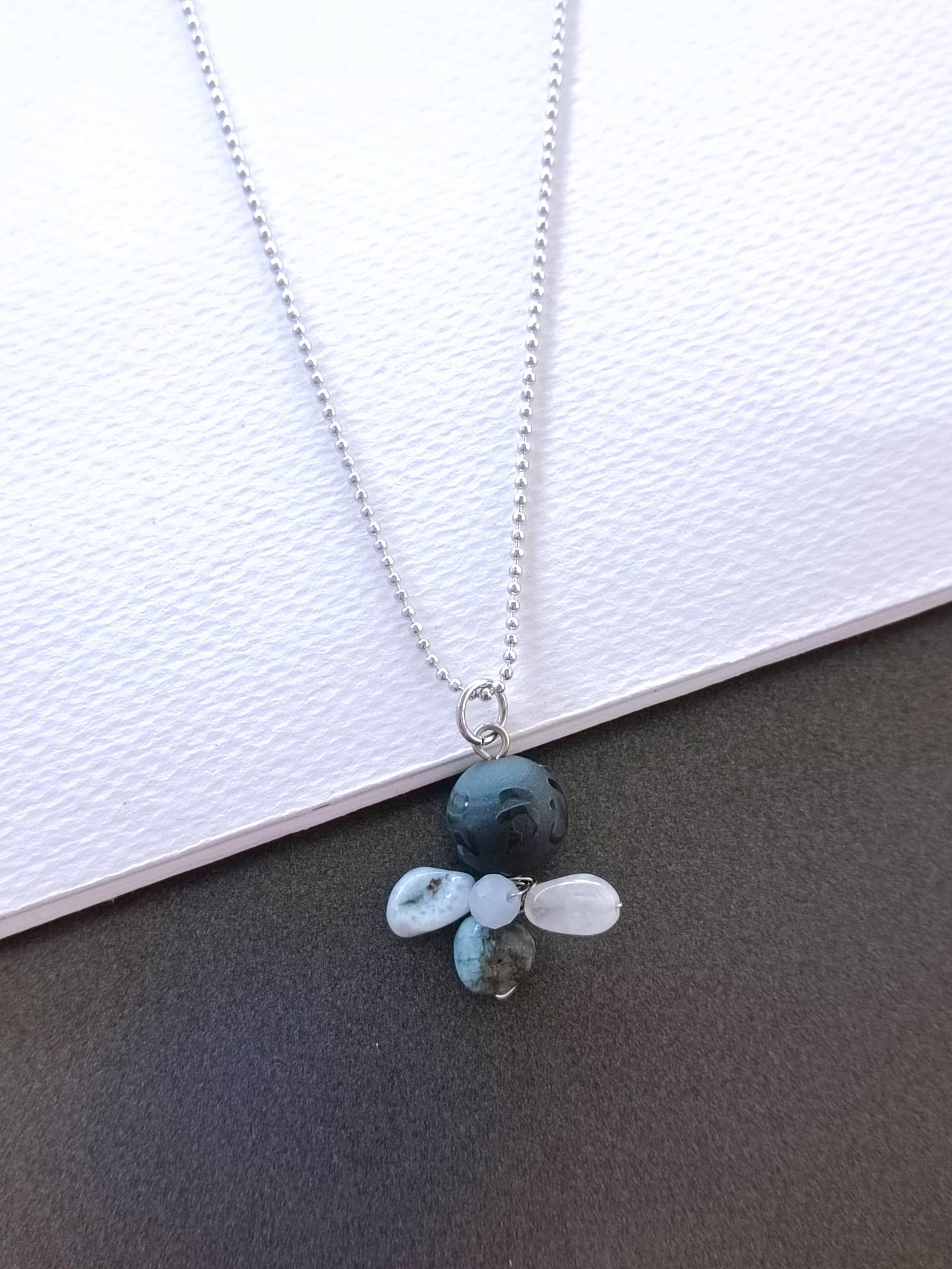 "Little Vivian" สร้อยพร้อมจี้ Black Obsidian +Larimar Necklace ( ปกป้อง คุ้มครอง )