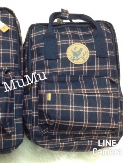กระเป๋าเป้ผ้าสะพายหลัง mumu ผ้าเคลือบกันน้ำ ลายสก๊อตน้ำเงินเข้มน้ำตาล (Size S)