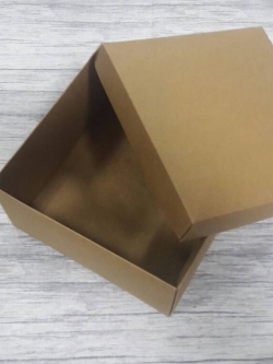 กล่องแบบมีฝาครอบ กล่องอเนกประสงค์ ขนาด 16.5 * 16.5 * 9 ซม. ตัวกล่องสีคราฟท์น้ำตาลเข้ม ฝาครอบสีคราฟท์น้ำตาลเข้ม ราคา 435 บาท ต่อแพ็ค (20 ใบ)