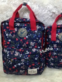 กระเป๋าเป้ผ้าสะพายหลัง mumu ขนาดเล็ก ลายดอกไม้ สีน้ำเงินเข้มแดง (Size L)
