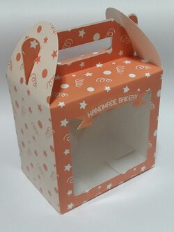 กล่องหูหิ้ว กล่องขนม กล่องคุ๊กกี้ กล่องอเนกประสงค์ แบบมีหูหิ้ว สีส้ม-โอรส ขนาด 10 x 15 x สูง 14 ซม. ราคา 250 บาทต่อแพ็ค(20ใบ)