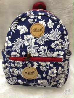 กระเป๋าเป้ผ้าสะพายหลัง mumu เป้เล็ก ลายดอกไม้ สีน้ำเงินเข้ม ขาว