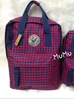 กระเป๋าเป้ผ้าสะพายหลัง mumu ขนาดเล็ก ลายสก๊อตน้ำเงินเข้ม แดง(Size L)