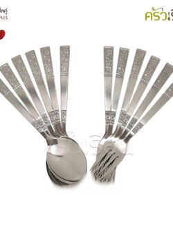 Double Apples [ 6 คู่ ] ช้อน+ส้อม สเตนเลส ลายกล้วยไม้ 19 ซม. อย่างหนา 2.0 มม. ช้อนส้อม ช้อนยาว ช้อนข้าว ช้อนสเตนเลส ช้อนกับส้อม ช้อนหนา