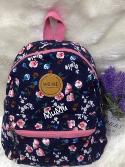 กระเป๋าเป้ผ้าสะพายหลัง mumu เป้เล็ก ลายดอกไม้ สีน้ำเงินเข้มชมพู