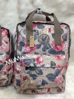 กระเป๋าเป้ผ้าสะพายหลัง mumu ผ้าเคลือบกันน้ำ ลายดอกไม้น้ำตาล ชมพู (Size L)