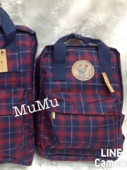 กระเป๋าเป้ผ้าสะพายหลัง mumu ขนาดเล็ก ลายสก๊อตน้ำเงินเข้มแดง (Size S)