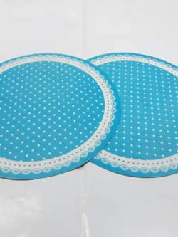ฐานรองเค้ก 2 ปอนด์ แบบวงกลม ลายฟ้าจุด (เส้นผ่านศูนยกลาง 24 ซม.) ราคา 100 บาทต่อแพ็ค (20 ชิ้น)
