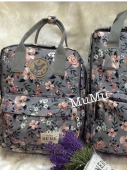 กระเป๋าเป้ผ้าสะพายหลัง mumu ขนาดเล็ก ลายดอกไม้ สีเทา (Size S)