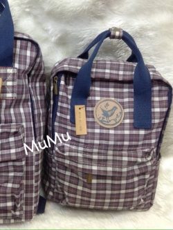 กระเป๋าเป้ผ้าสะพายหลัง mumu ผ้าเคลือบกันน้ำ ลายสก๊อตน้ำตาล เทา (Size S)
