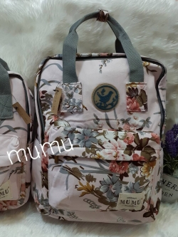 กระเป๋าเป้ผ้าสะพายหลัง mumu ลายดอกไม้ สีฟ้า (Size L)