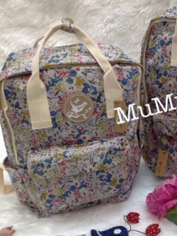 กระเป๋าเป้ผ้าสะพายหลัง mumu ขนาดเล็ก ลายดอกไม้ฟ้าน้ำเงินเหลืองอ่อน (Size S)