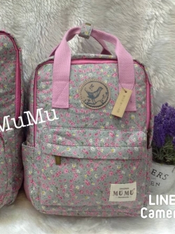 กระเป๋าเป้ผ้าสะพายหลัง mumu ขนาดเล็ก ลายดอกไม้ชมพู ขาว (Size S)