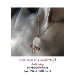 จี้พร้อมสร้อย หินแท้ Rose Quartz + Auralite 23 Pendant Necklace (เมตตามหานิยม การตื่นรู้ ความรักตัวเอง สมดุลย์ทางอารมณ์)