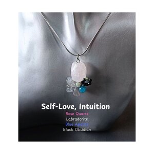 จี้พร้อมสร้อย หินแท้ Rose Quartz +Labradorite Pendant Necklace (เมตตามหานิยม เสริมการสื่อสาร เปิดตาที่ 3)