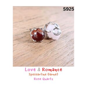 ต่างหูเงินแท้ 925 ประดับหินแท้ โกเมนส้ม Spessartite Garnet + Rose Quartz Silver Earring (Love & Romance)