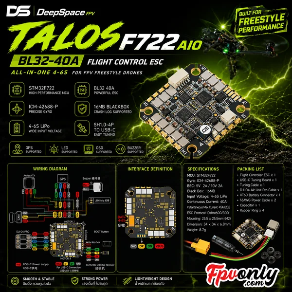 DeepSpace TALOS F722AIO BL32-40A Flight Control ESC All-in-One 4-6S For FPV Freestyle Drones อุปกรณ์โดรน Drone image 1 DeepSpace TALOS F722AIO BL32-40A Flight Control ESC All-in-One 4-6S For FPV Freestyle Drones อุปกรณ์โดรน Drone image 1